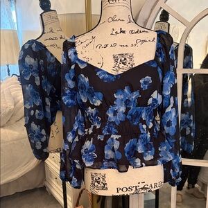 New York & Company Black and Blue Floral Blouse